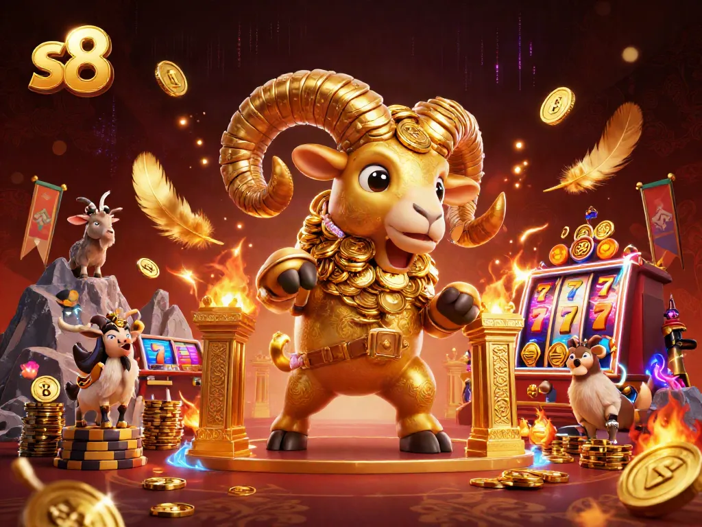 Engage with s8 casino excitement featuring a golden ram charging through a vibrant gaming scene.