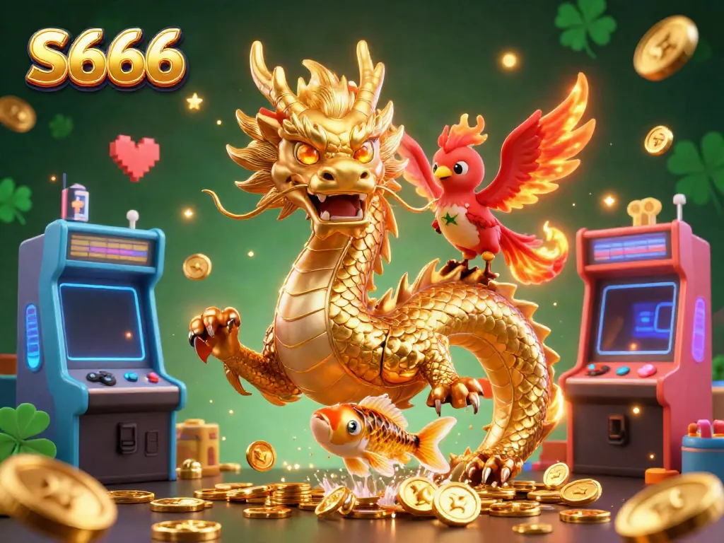 Experience dynamic S666 gaming adventure with a dragon and phoenix amidst gold coins and arcade elements.