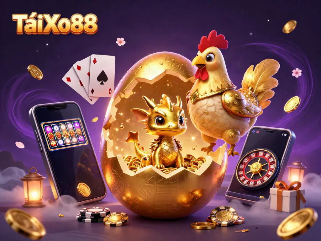 Experience TảiXo88 with a dazzling illustration featuring a golden dragon, poker chips, and dynamic gaming elements.