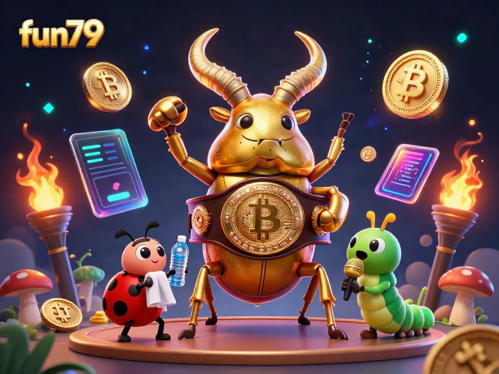 Experience dynamic fun79 action with golden beetle champion, ladybug corner-man, and vibrant gaming elements.