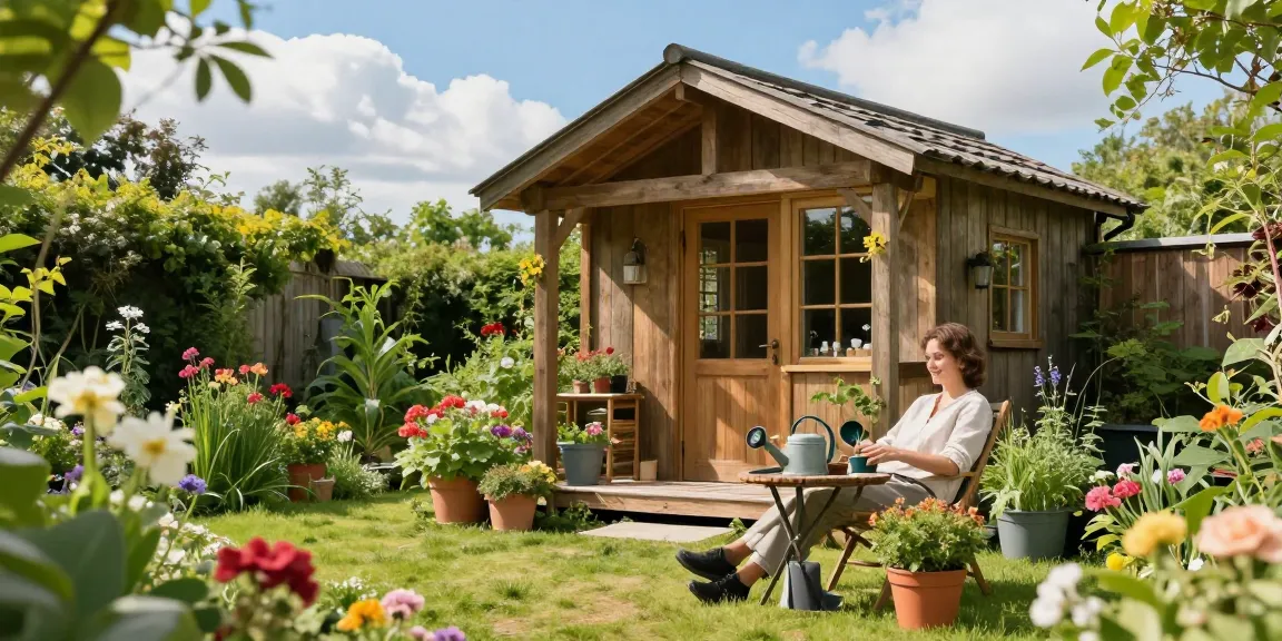 Schönes Gartenhaus Holz im Freien mit Pflanzen und Gartenwerkzeugen.