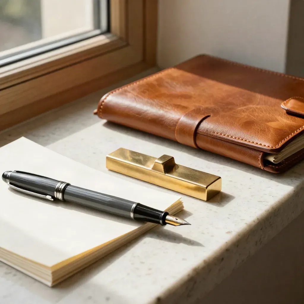 Nahaufnahme von Füllfederhalter, Messing-Penablage, Leder-Folio und Cremepapier auf Travertin.