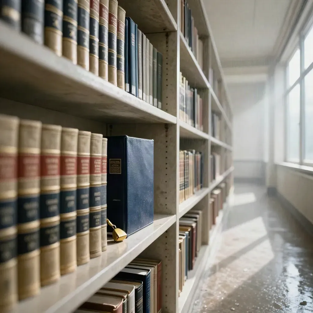 Langer Archivgang mit Gesetzesbänden, blauer Akte und Messingschneider im Morgenlicht.