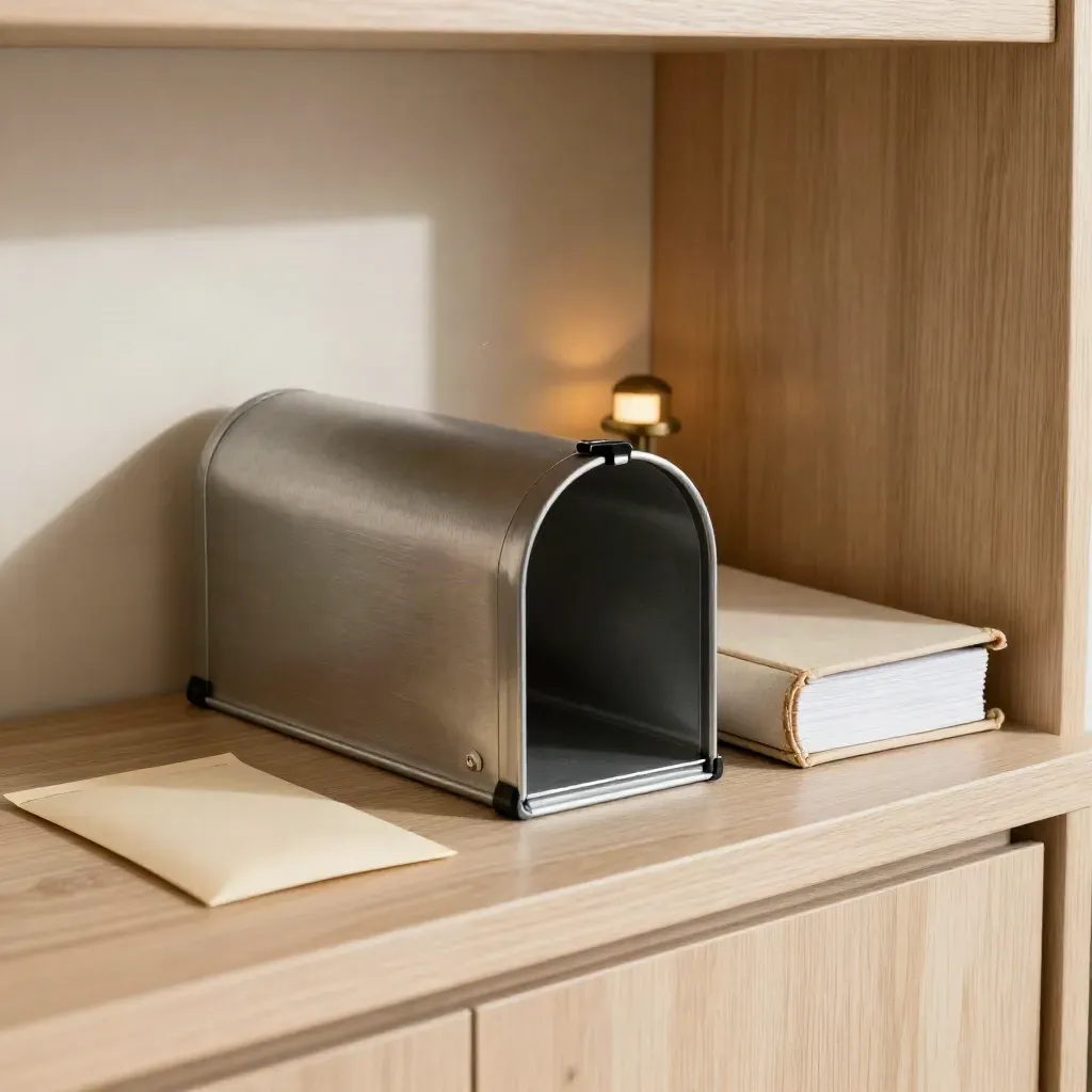 Leere Ablage in Kanzlei-Rezeption mit Metallfach, Ledger-Box und abgelegtem Belegumschlag.
