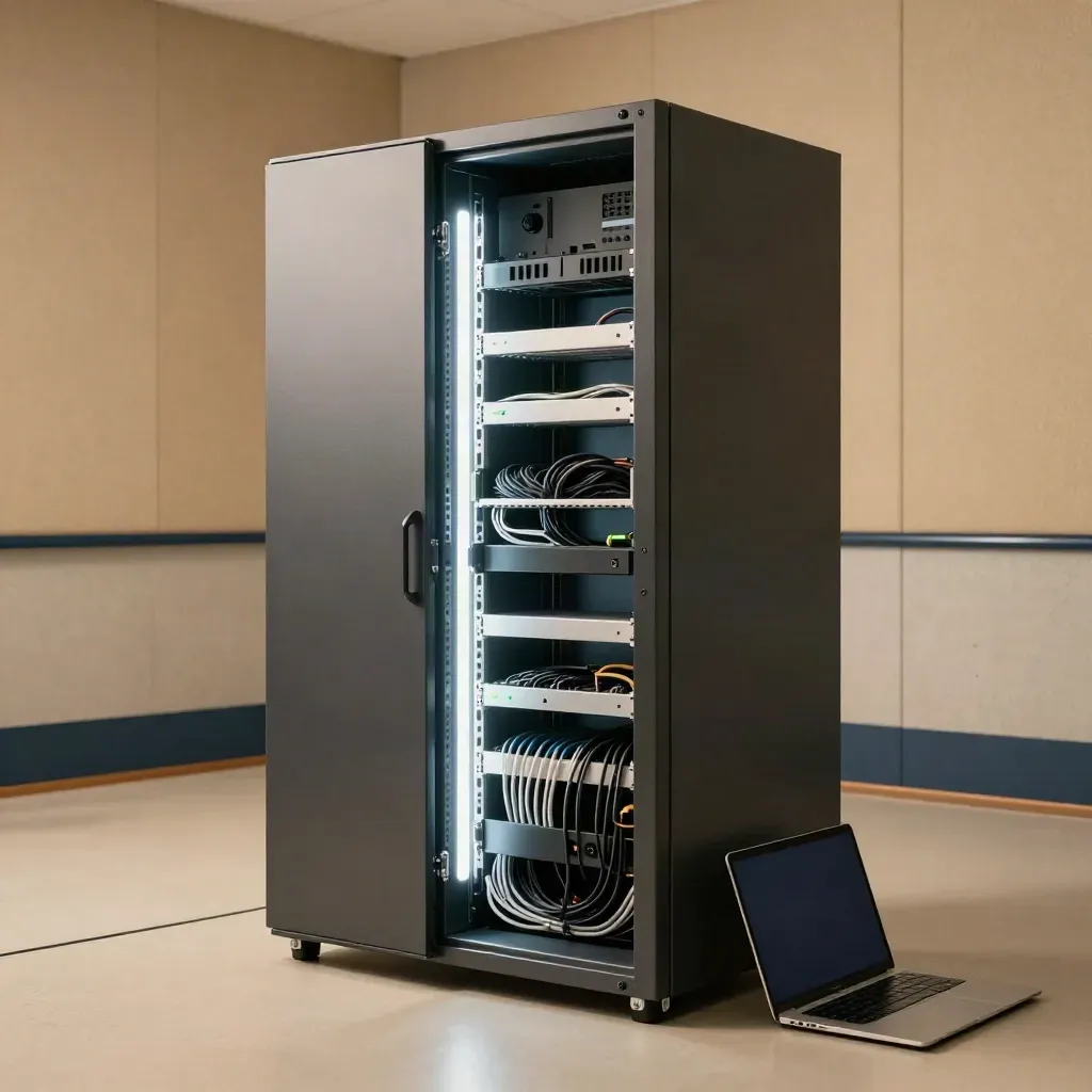 Serverrack und geschlossener Laptop im modernen Technikraum mit Kabelkanal und kühlem Licht