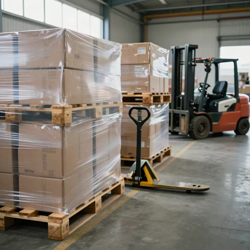 Ordentliche Logistikhalle mit Paletten, Kartons und freier Gabelstaplerbahn