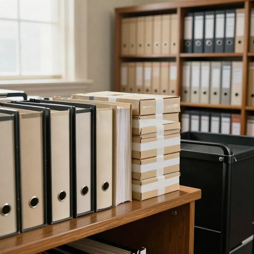 Archivraum mit Aktenstapeln, versiegelten Beweisboxen und Dokumentenwagen