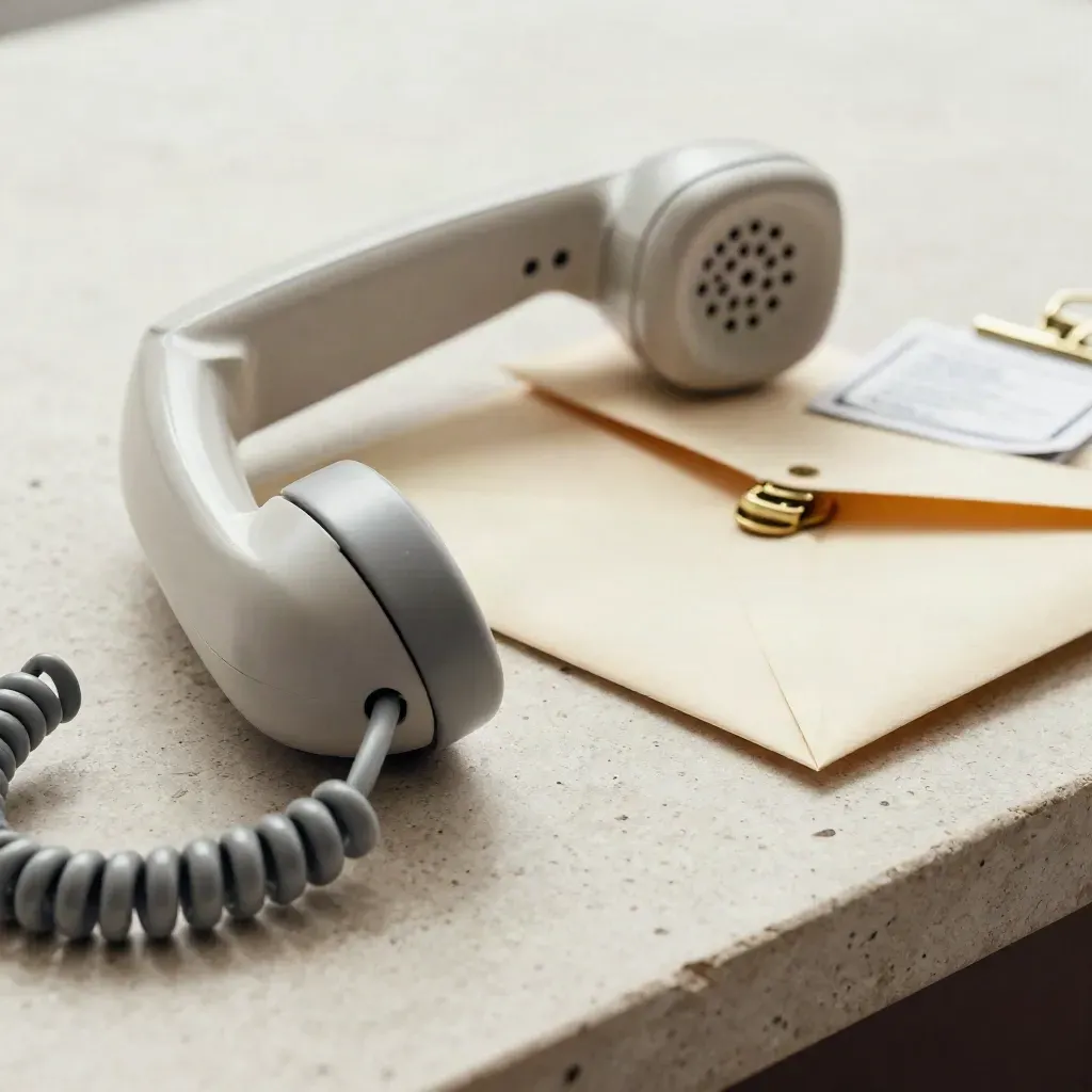 Telefonhörer neben Briefumschlag und Messingklammer auf hellem Stein.