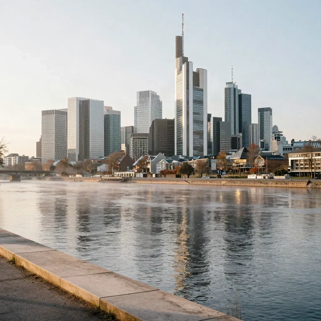 Frankfurter Skyline über dem Main im Morgennebel, ruhige Uferzone und warmes Sonnenlicht