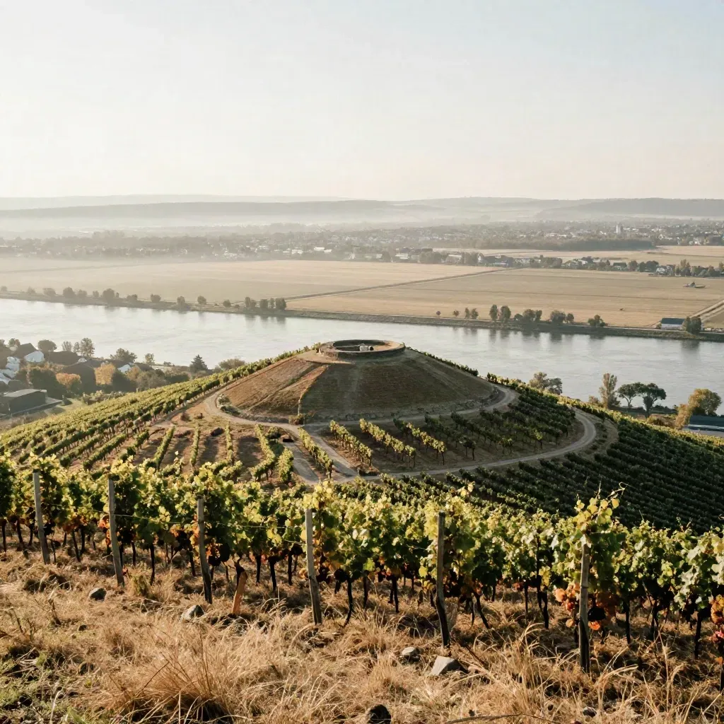 Weitblick über das Rhein-Main-Gebiet mit Weinbergkante, Flussniederung und ferner Skyline im Dunst