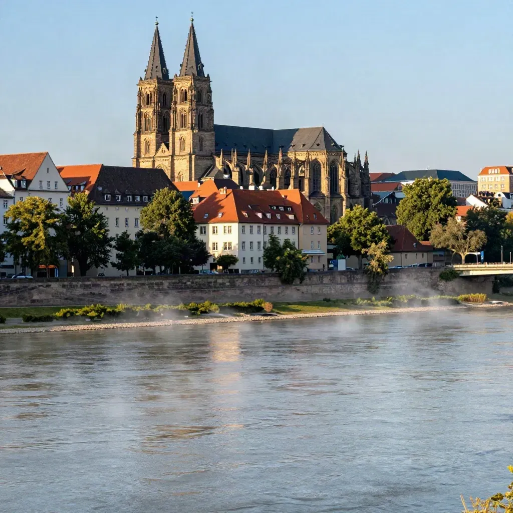 Mainzer Dom und Rhein bei goldenem Abendlicht, ruhige Uferzone im Vordergrund
