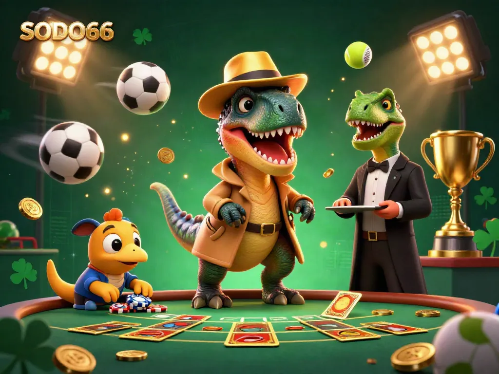 SODO66 velociraptor card counter and companions at a casino table, surrounded by vivid gambling elements.