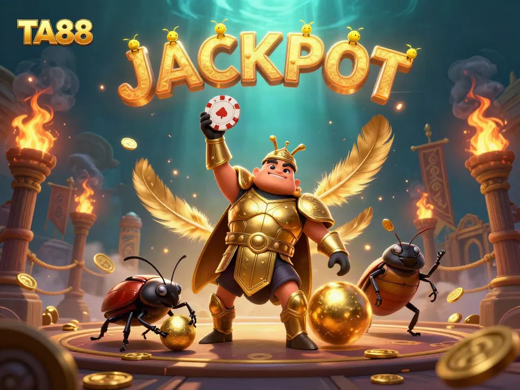 TA88 beetle champions celebrate a casino win with jackpot symbols amid a vibrant atmosphere.