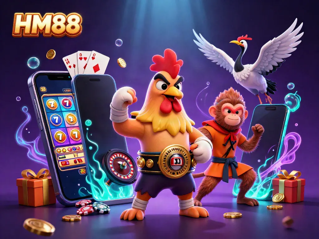 Engage in thrilling gameplay with HM88 in a vibrant casino scene featuring symbols of fortune.