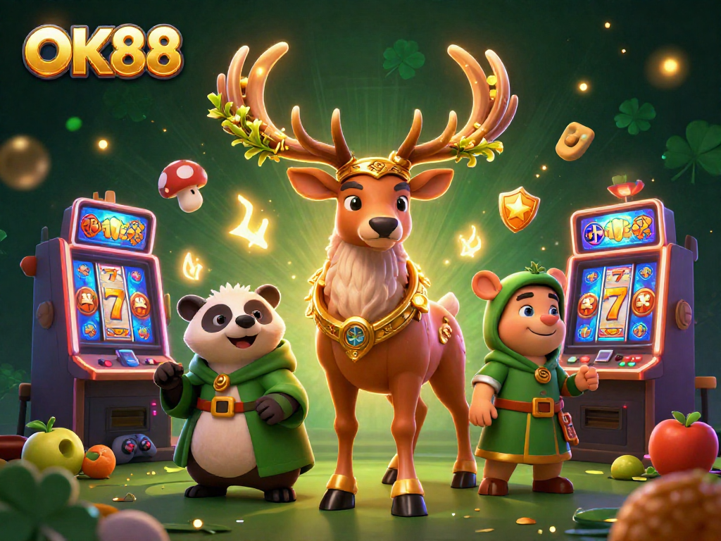 Engage with OK88's exciting slots featuring a colorful, whimsical 3D scene filled with playful characters and gaming elements.