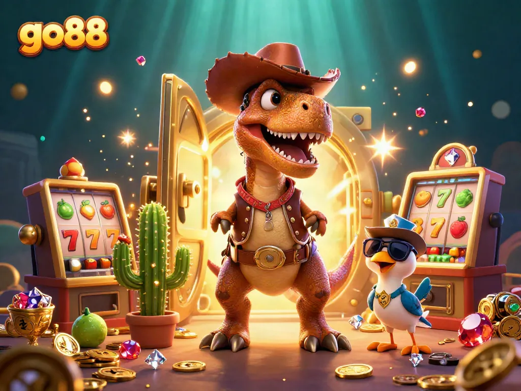 Engage with go88’s thrilling slot games featuring characters like cowboy T-Rex and vibrant symbols.