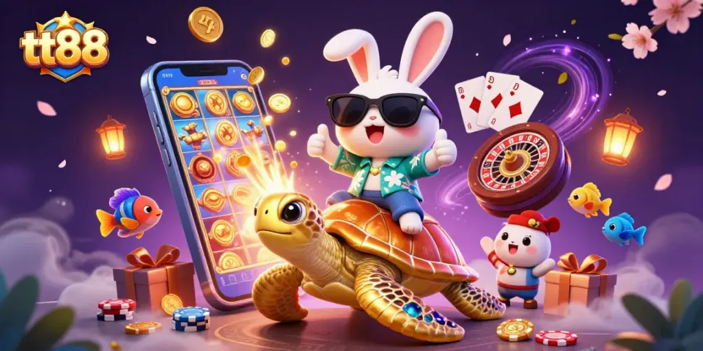 Engage in slot gaming adventures with tt88 featuring a lucky rabbit and a golden turtle.