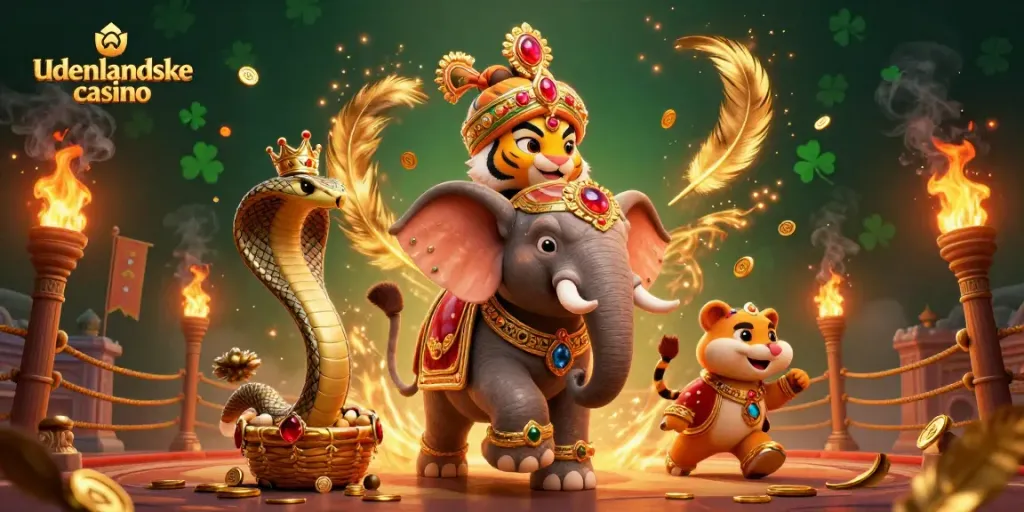 Engage in thrilling games at udenlandske casino with an ornate 3D tiger and elephant spectacle.