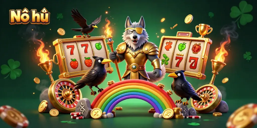 Nổ hũ gaming scene with 3D Odin and ravens surrounded by vibrant slot elements and gold coins.