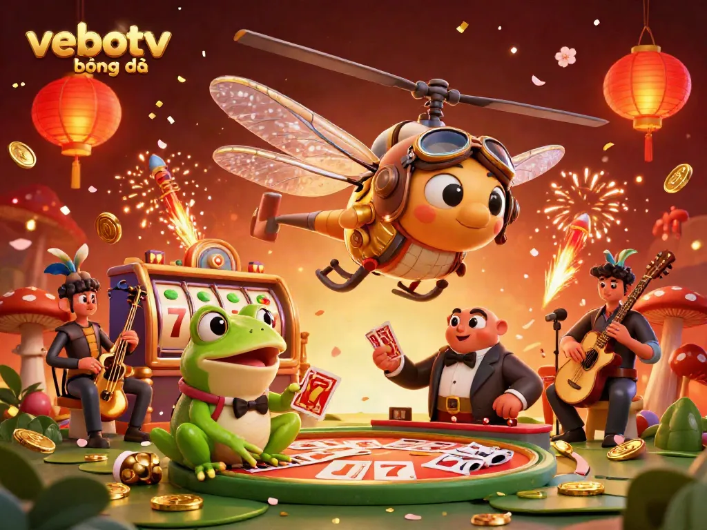 Experience vebotv bóng đá at a vibrant casino scene with animated dragonfly pilot, frog croupier, and dynamic game elements.