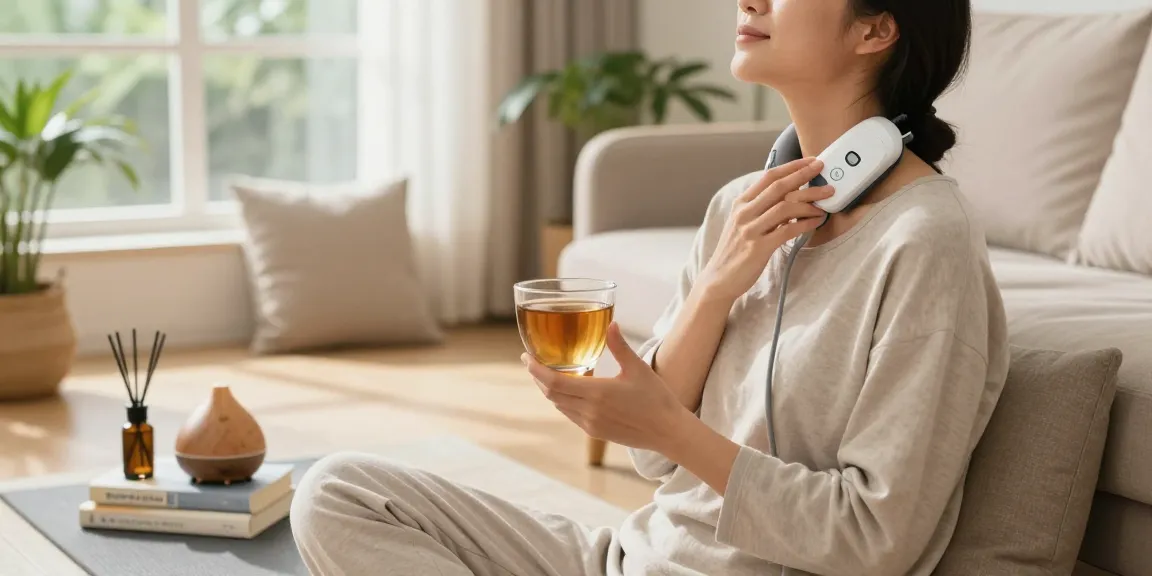 Relaxing moment with a Vagusnervstimulation gerät in a wellness setting promoting stress relief.