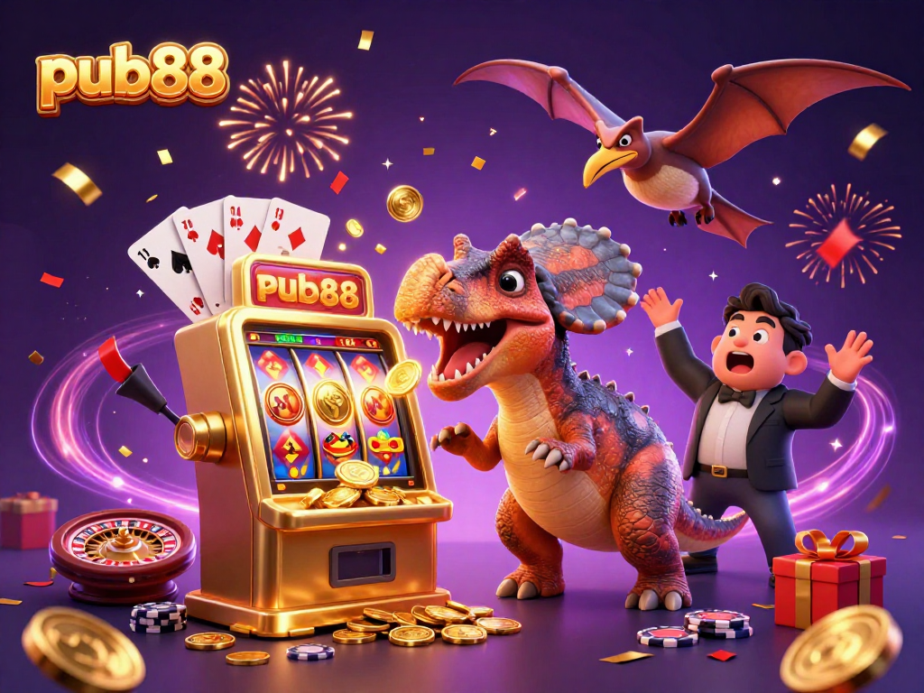 pub88 features a pachycephalosaurus celebrating a jackpot payout amidst casino elements