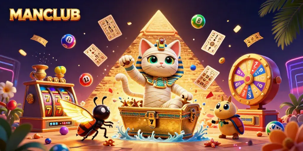 Engage with the MANCLUB's vibrant pyramid casino scene filled with dynamic gaming elements.