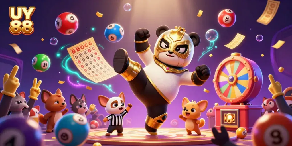 Experience the excitement of UY 88 with a vibrant scene of animated characters and gambling elements.