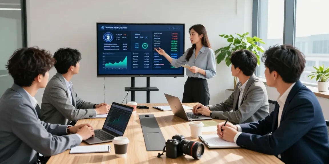 Innovatives Business-Meeting über den Krypto-Zahlungsgateway mit Team, Laptops und Finanzstatistiken.