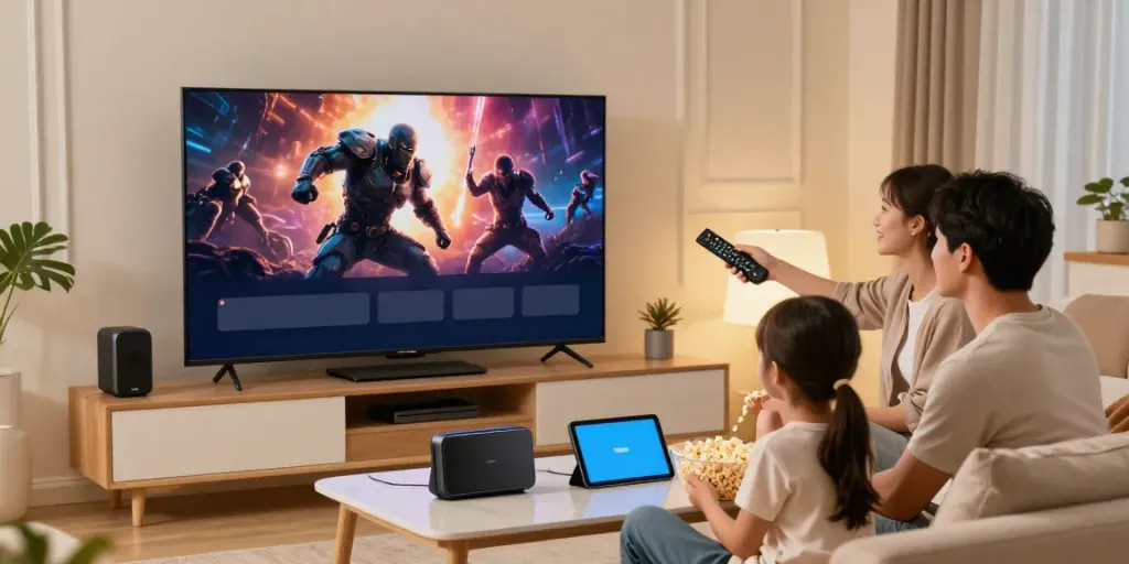 Familie im modernen Wohnzimmer, die mit Dreamtv IPTV begeistert Filme schaut.