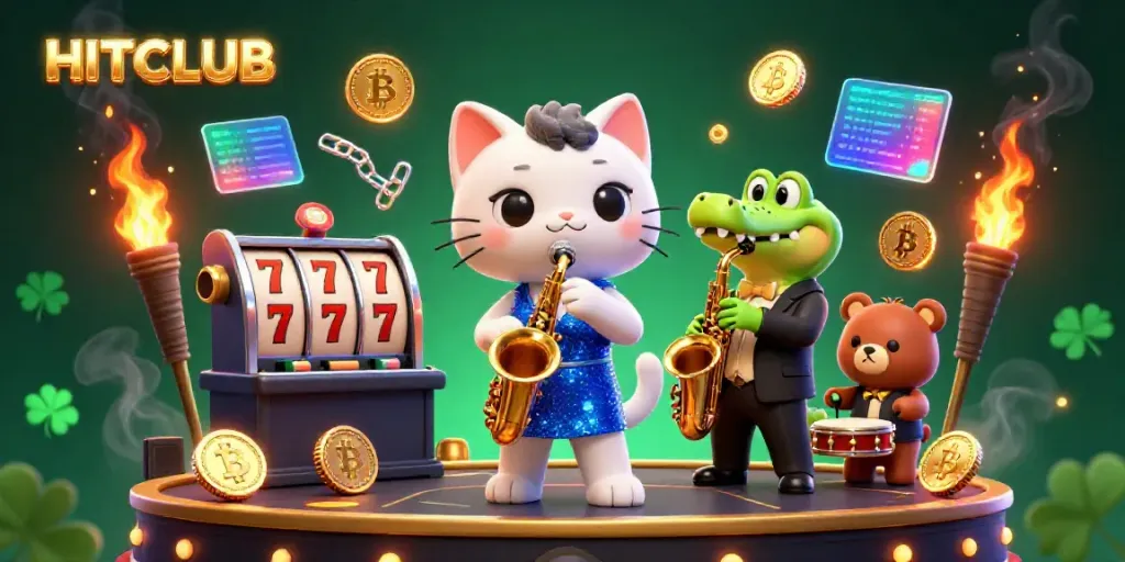 Experience thrilling gaming dynamics at HITCLUB with a lively cartoon casino scene featuring vivid characters and game elements.