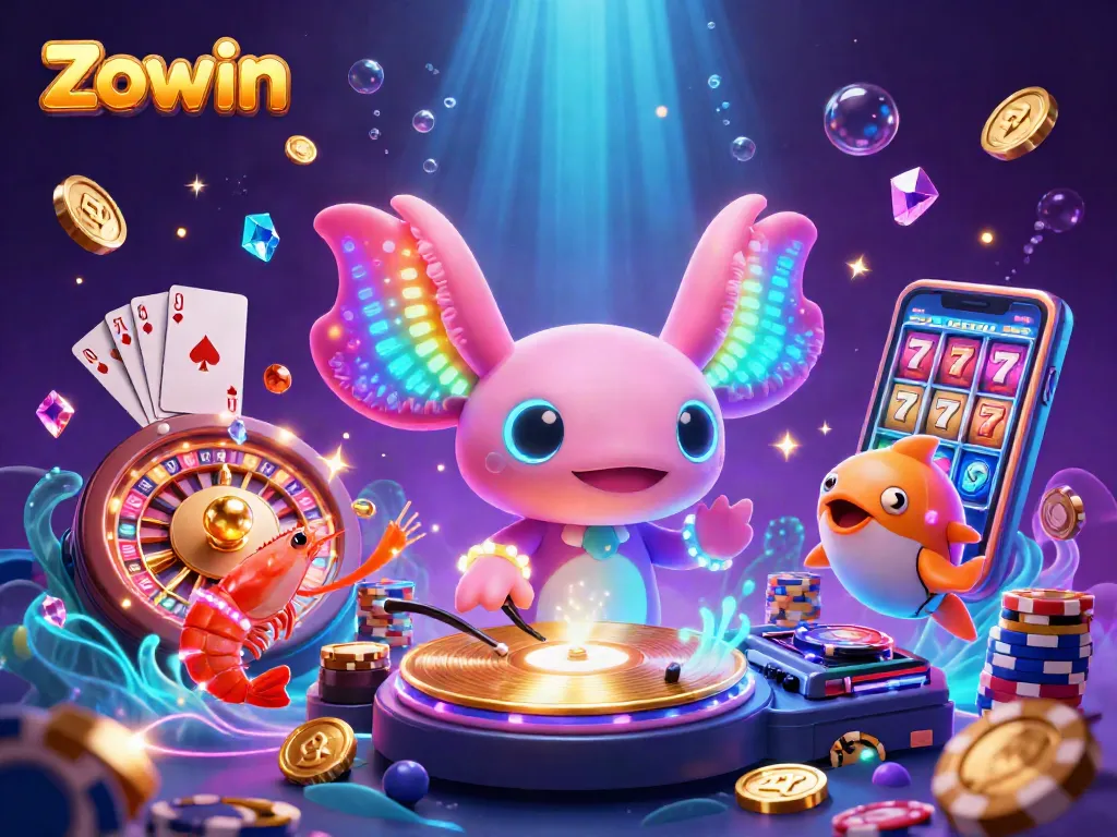 Zowin's dazzling casino scene captures a colorful axolotl DJ and friends amidst flying coins and a spinning roulette wheel, offering a thrilling gaming experience.