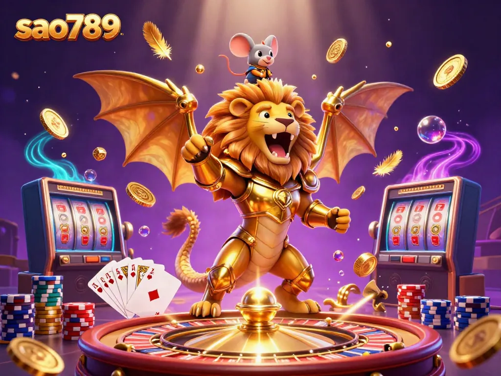 Experience thrilling gameplay with sao789 as a chimera creature roars amidst gold coins and cards.