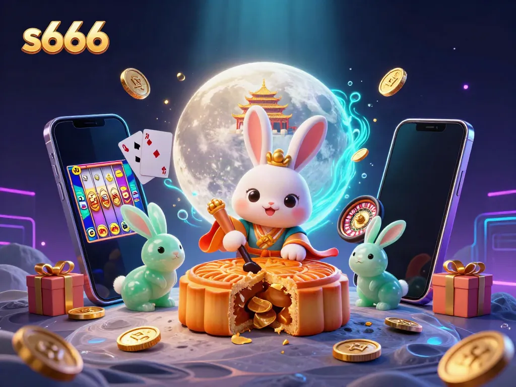 Experience thrilling gaming at s666 with a vibrant casino scene featuring a moon rabbit and exciting slot games.