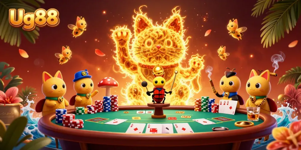 Engage with the vibrant Ug88 casino universe featuring a dynamic lucky cat shaped by golden fireflies.