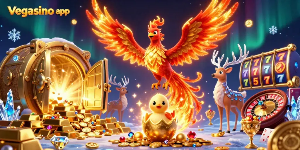 Experience the excitement of gambling with the vegasino app showcasing vibrant 3D casino art.
