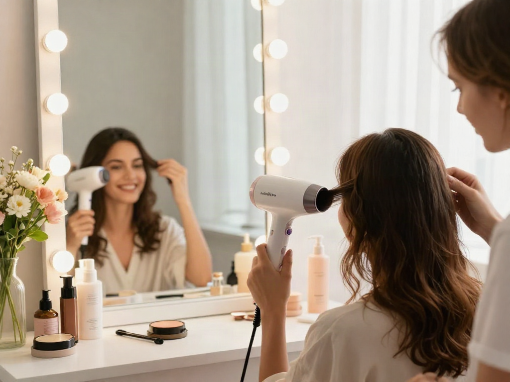 Frau mit Laifen Haartrockner zeigt elegante Frisur in stylischem Beauty-Studio.