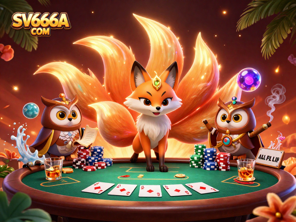 Experience the thrilling world of SV666A COM with a vibrant gaming scene featuring a nine-tailed fox and poker action.