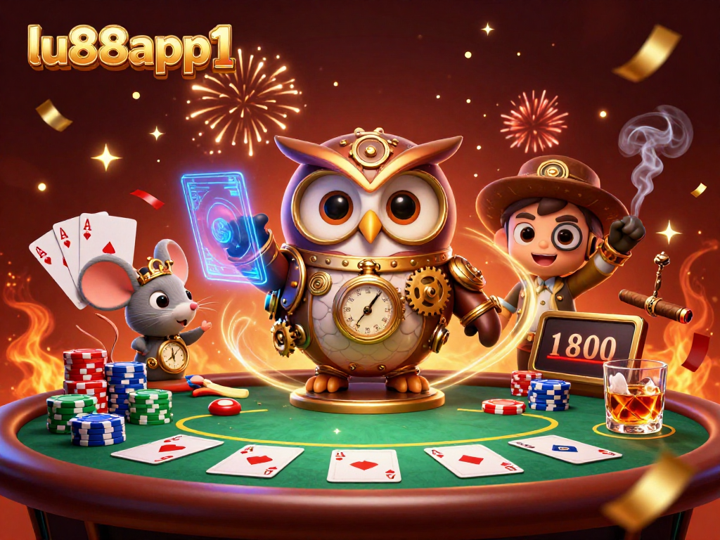 Join the fun at lu88app1 with a steampunk owl and vibrant poker elements.