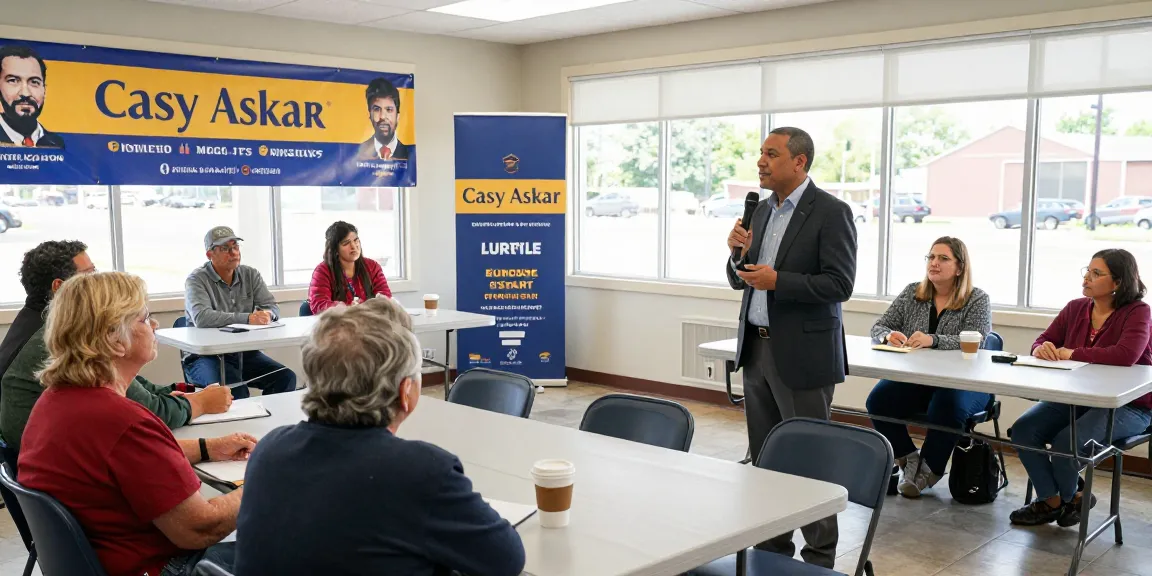 Casey Askar engaging with voters at a town hall meeting, showcasing community involvement.