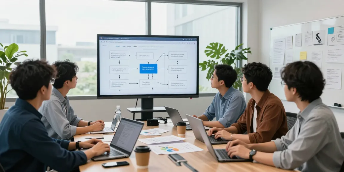 Build internal tools with AI by collaborating in a tech workspace, showcasing a diverse team planning on a workflow diagram.