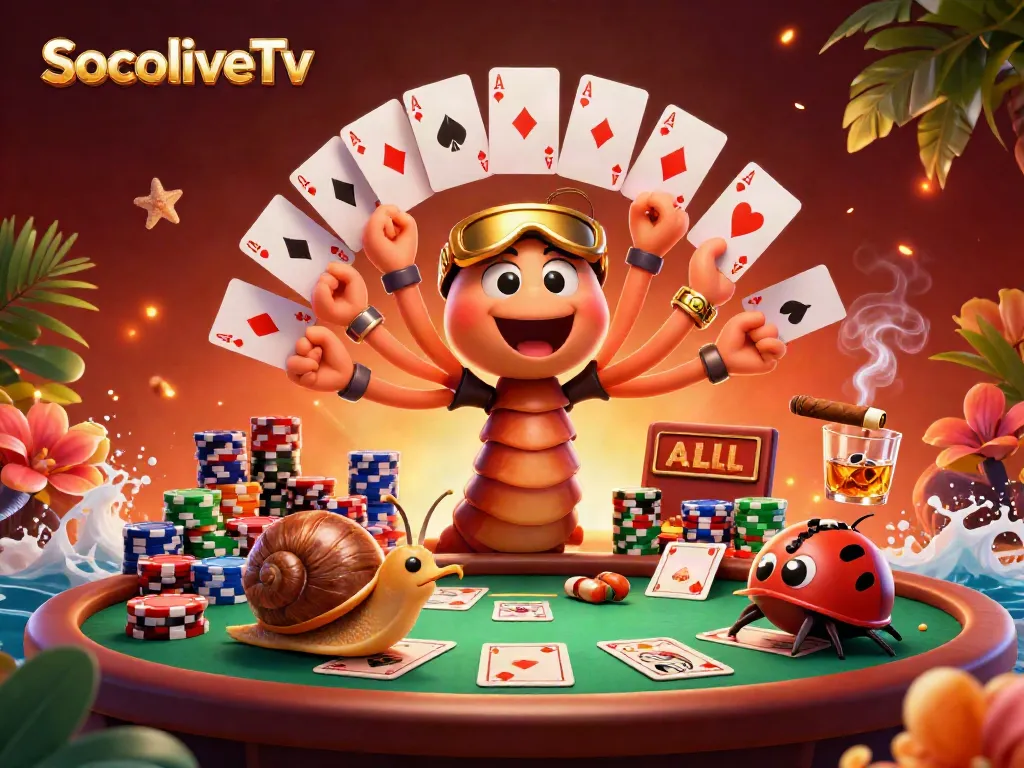 Engage with the vibrant SocoliveTv atmosphere featuring animated characters at a poker table, showcasing excitement.