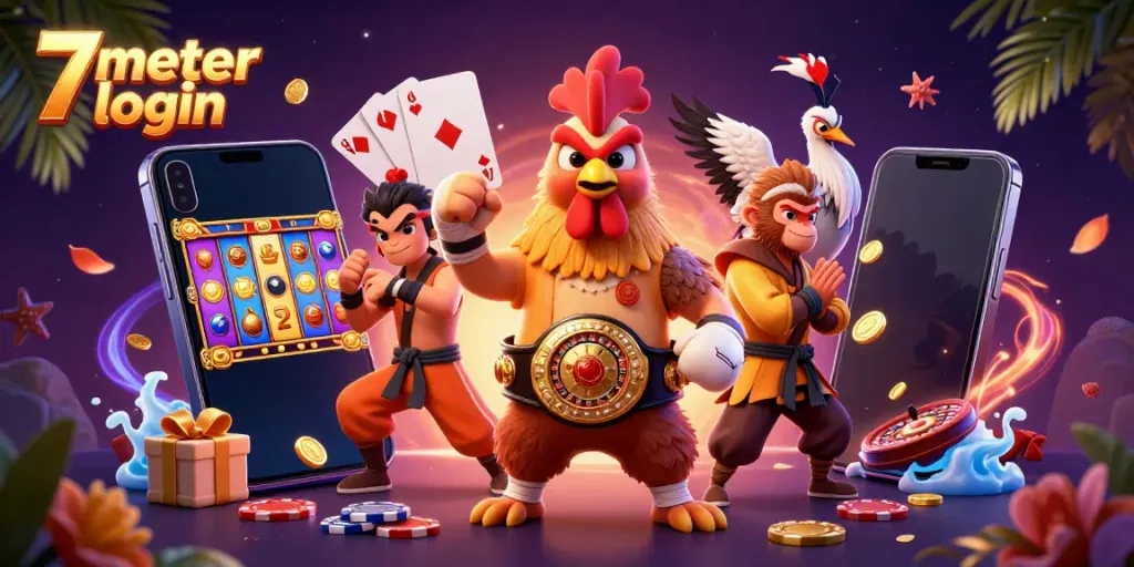 Experience big wins with the exciting 7meter login featuring vibrant characters and casino elements.