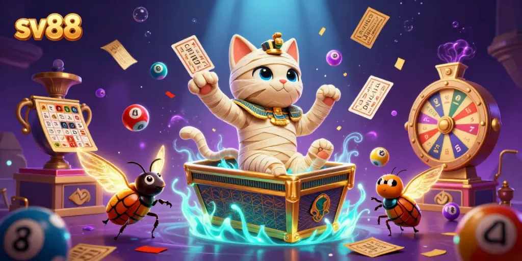 Join the excitement at sv88 as a mummy cat and scarab beetle animate a vibrant pyramid casino scene.