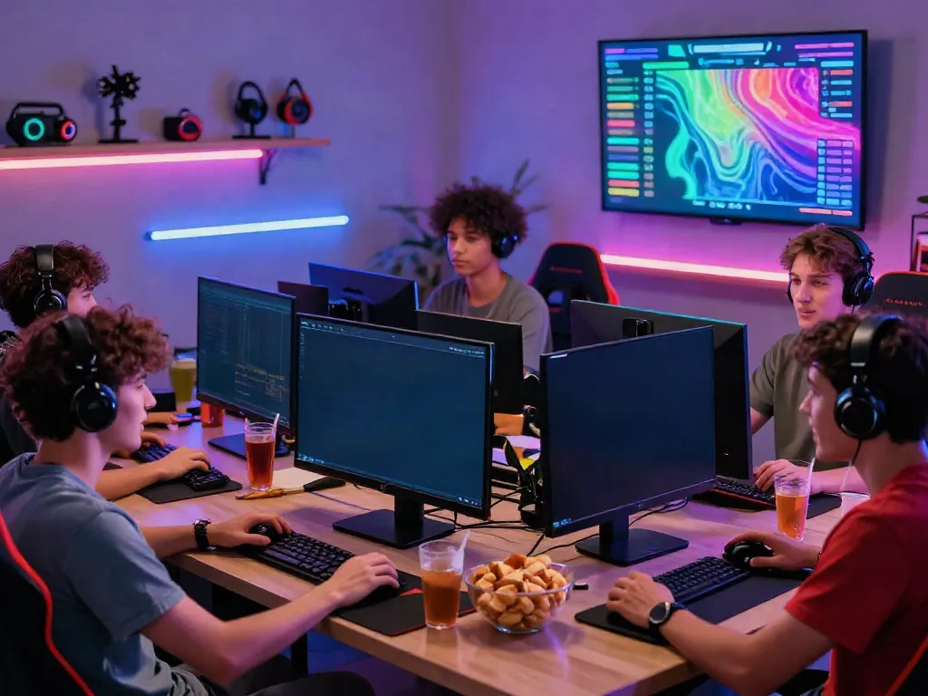 Exciting group enjoying live sports betting at https://uk88.ad/ in a vibrant gaming room.