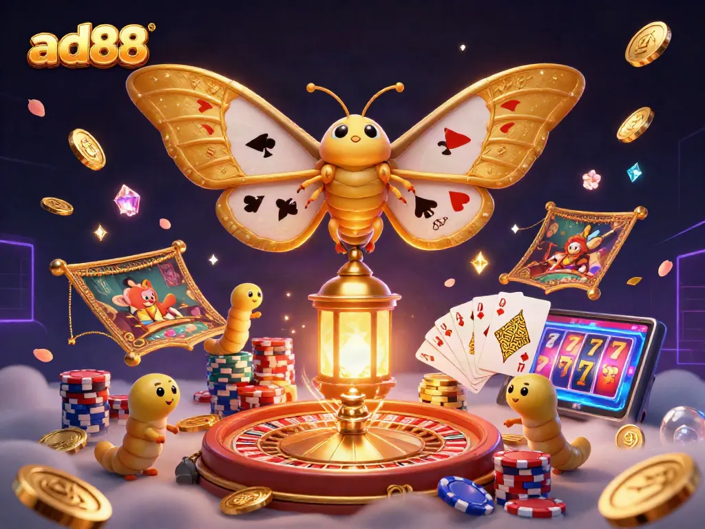 Ad88 features an illustration of a majestic atlas moth and lantern amidst swirling casino treasures.