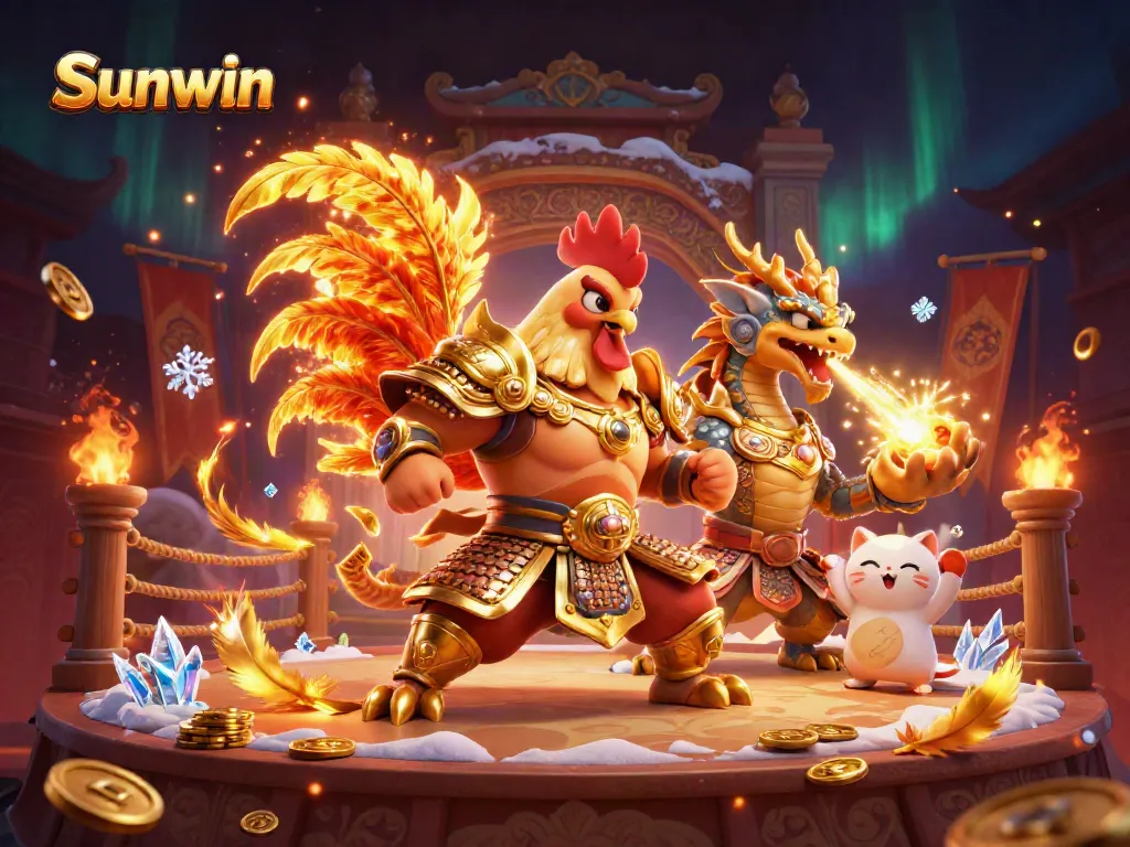 Experience thrilling battles at Sunwin's online casino, featuring a fierce rooster warrior and dragon hatchling.