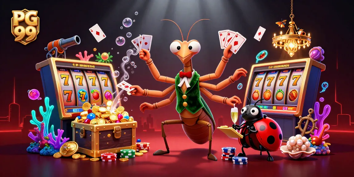 Engage with PG 99's vibrant casino scene showcasing a giant mantis dealer and slot elements.