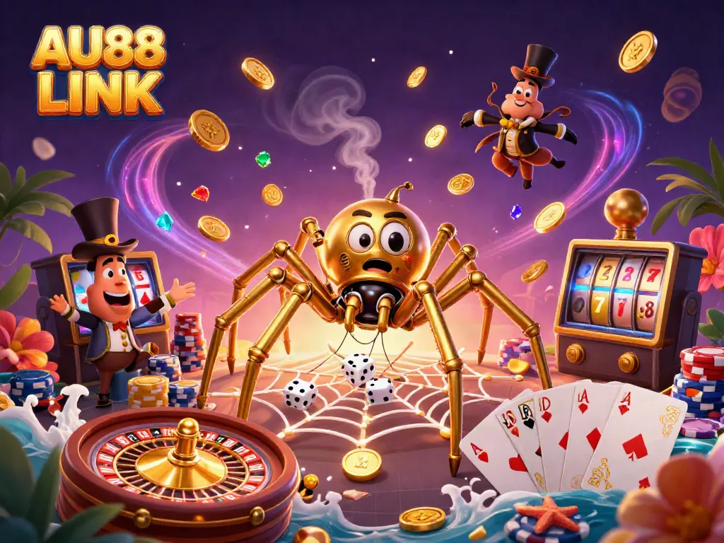 Catch lucky winnings at AU88 LINK with a steampunk spider, golden coins, and casino games