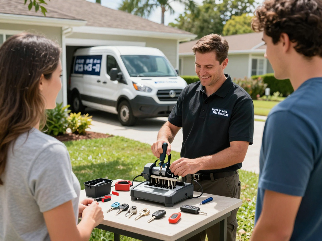 Locksmith St. Lucie West providing mobile car key replacement service outside a home on a sunny day.